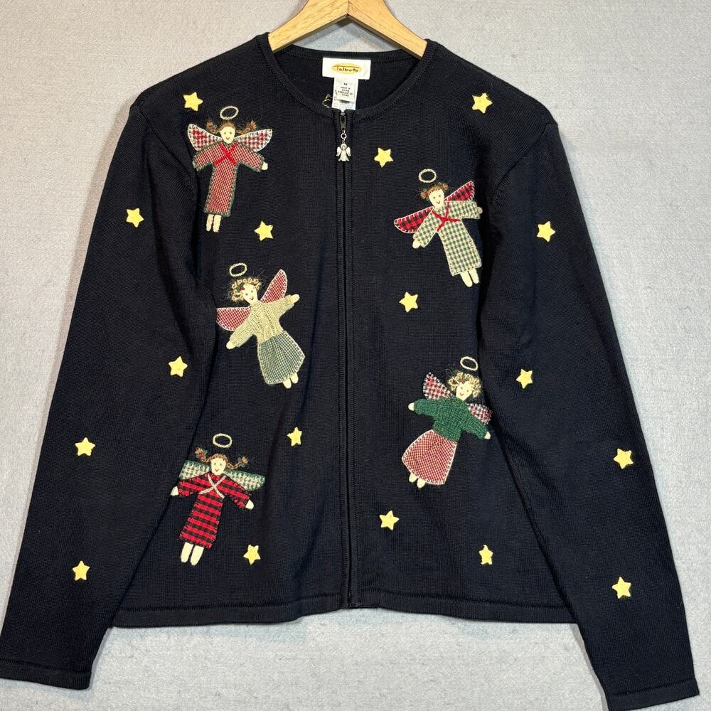 Talbots Black‎ Angel Sweater Embroidered Stars Ramie Cotton Holiday Style Medium